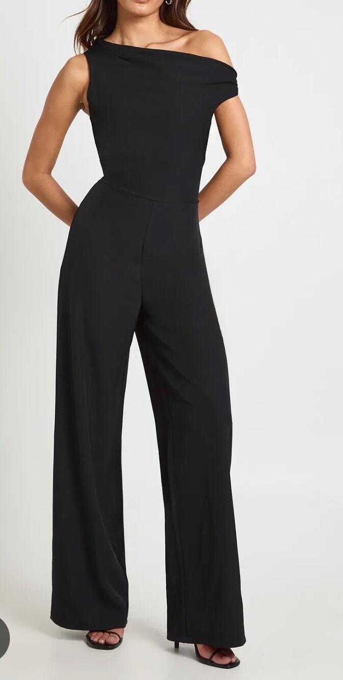 Active USA Black One-Shoulder Wide Leg Jumpsuit S asymmetric neckline drape NWT